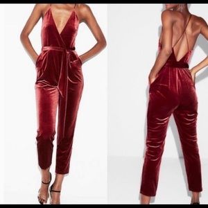 Express Red Velvet VNeck Waist Tie Jumpsuit Size 0